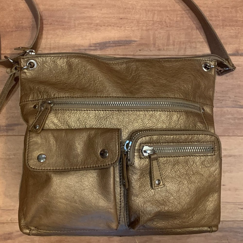 Vintage Fossil Copper Metallic Cross Body Leather Bag w/Adj Strap 13" x 11" Lg